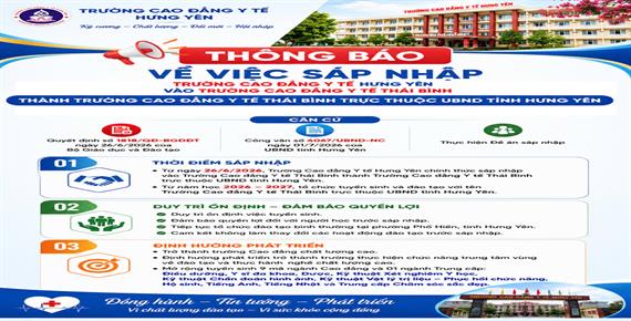 THÔNG BÁO SÁP NHẬP TRƯỜNG CĐ Y TẾ HƯNG YÊN VÀO TRƯỜNG CĐ Y TẾ THÁI BÌNH THÀNH TRƯỜNG CĐ Y TẾ THÁI BÌNH TRỰC THUỘC UBND TỈNH HƯNG YÊN
